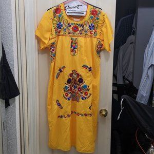 La Chaparrita Yellow Floral Embroidered Handmade Midi Puebla Dress